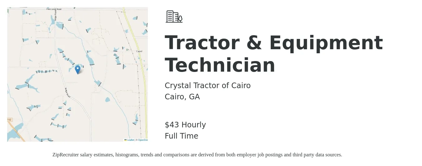 Crystal Tractor of Cairo job posting for a Tractor & Equipment Technician in Cairo, GA with a salary of $45 Hourly with a map of Cairo location.