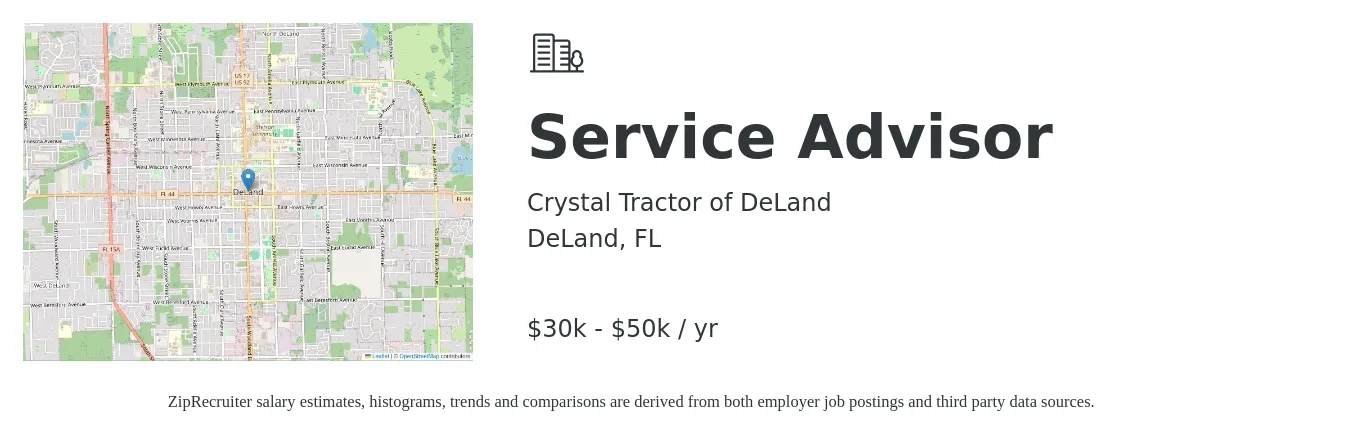 Crystal Tractor of DeLand job posting for a Service Advisor in DeLand, FL with a salary of $30,000 to $50,000 Yearly with a map of DeLand location.