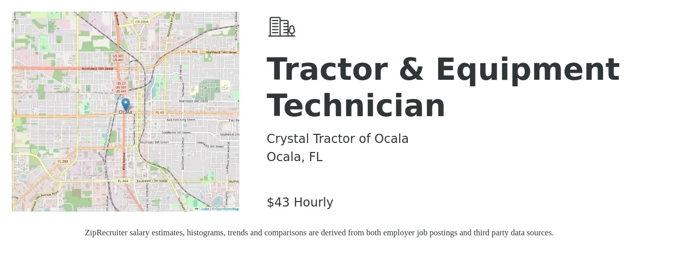 Crystal Tractor of Ocala job posting for a Tractor & Equipment Technician in Ocala, FL with a salary of $45 Hourly with a map of Ocala location.