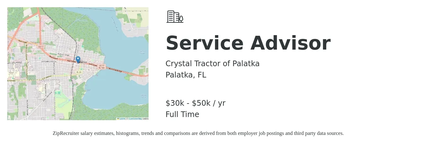 Crystal Tractor of Palatka job posting for a Service Advisor in Palatka, FL with a salary of $30,000 to $50,000 Yearly with a map of Palatka location.