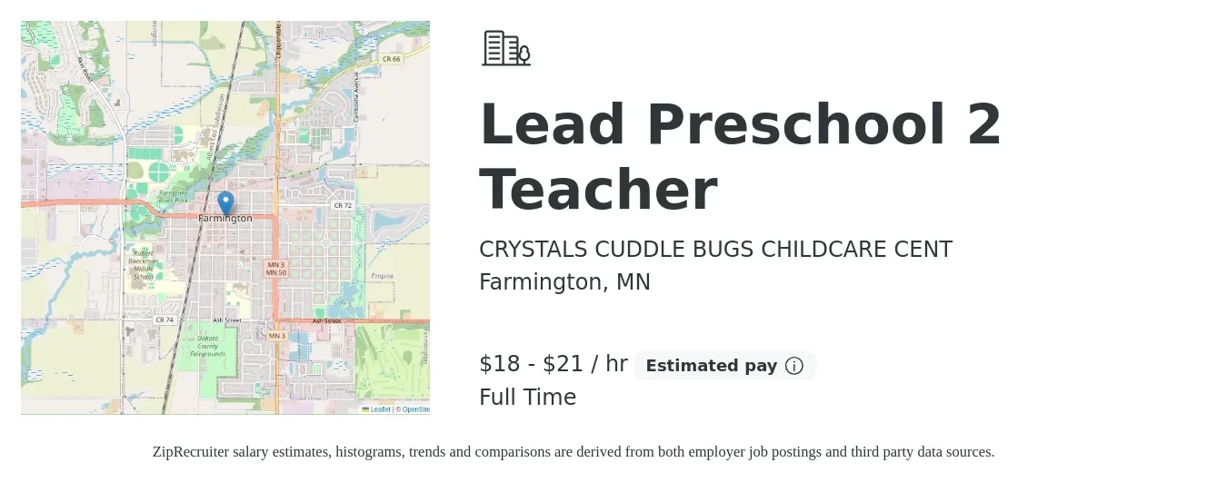 CRYSTALS CUDDLE BUGS CHILDCARE CENT job posting for a Lead Preschool 2 Teacher in Farmington, MN with a salary of $19 to $23 Hourly with a map of Farmington location.