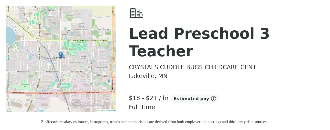 CRYSTALS CUDDLE BUGS CHILDCARE CENT job posting for a Lead Preschool 3 Teacher in Lakeville, MN with a salary of $19 to $23 Hourly with a map of Lakeville location.