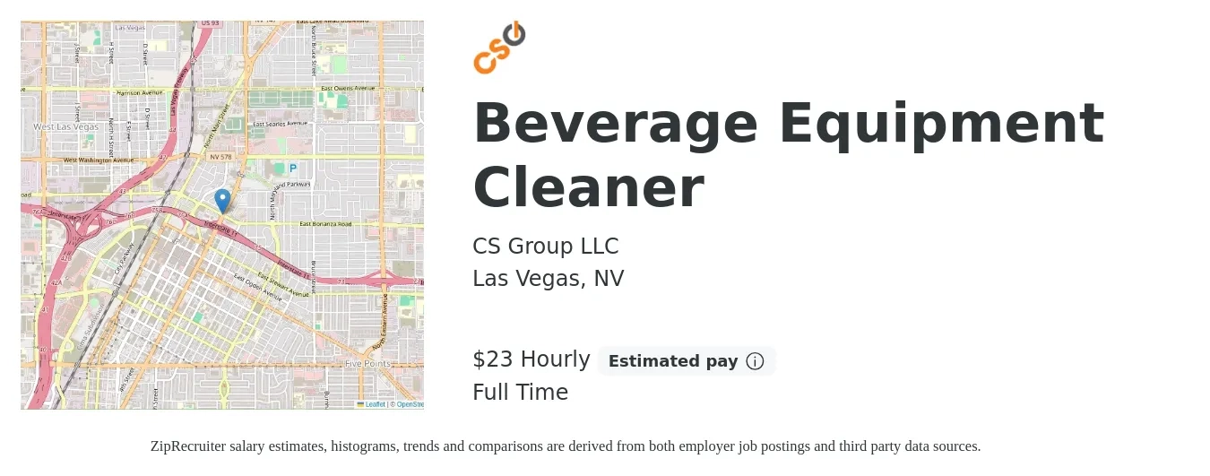 CS Group LLC job posting for a Beverage Equipment Cleaner in Las Vegas, NV with a salary of $24 Hourly with a map of Las Vegas location.