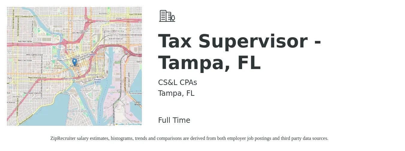 CSL CPAs job posting for a Tax Supervisor - Tampa, FL in Tampa, FL with a salary of $104,900 to $137,500 Yearly with a map of Tampa location.