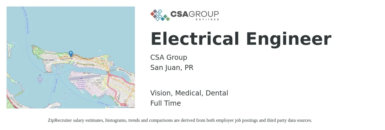 CSA Group job posting for a Electrical Engineer in San Juan, PR with a salary of $81,400 to $129,400 Yearly and benefits including dental, life_insurance, medical, pto, retirement, and vision with a map of San Juan location.