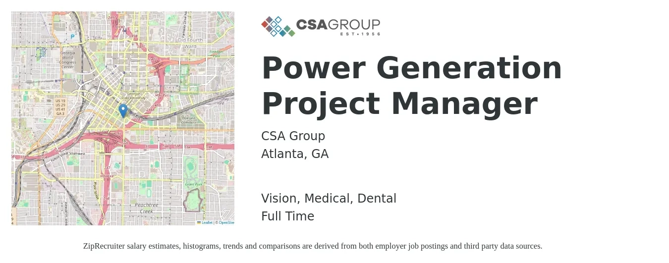 CSA Group job posting for a Power Generation Project Manager in Atlanta, GA with a salary of $87,000 to $125,500 Yearly and benefits including pto, retirement, vision, dental, life_insurance, and medical with a map of Atlanta location.