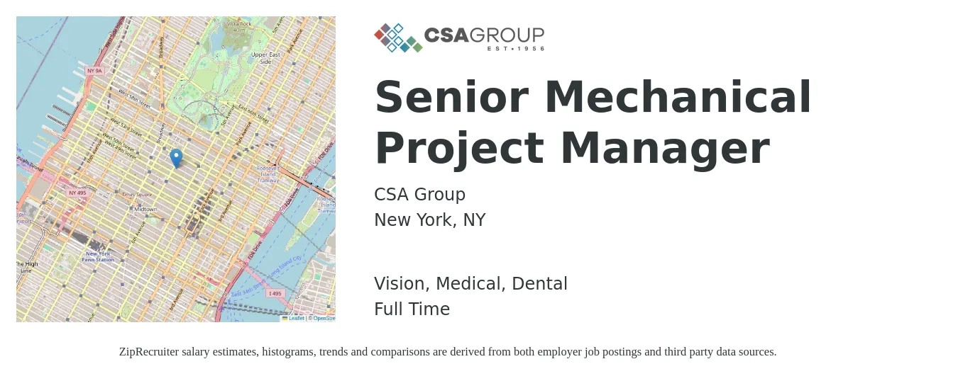 CSA Group job posting for a Senior Mechanical Project Manager in New York, NY with a salary of $106,700 to $134,000 Yearly and benefits including dental, life_insurance, medical, pto, retirement, and vision with a map of New York location.