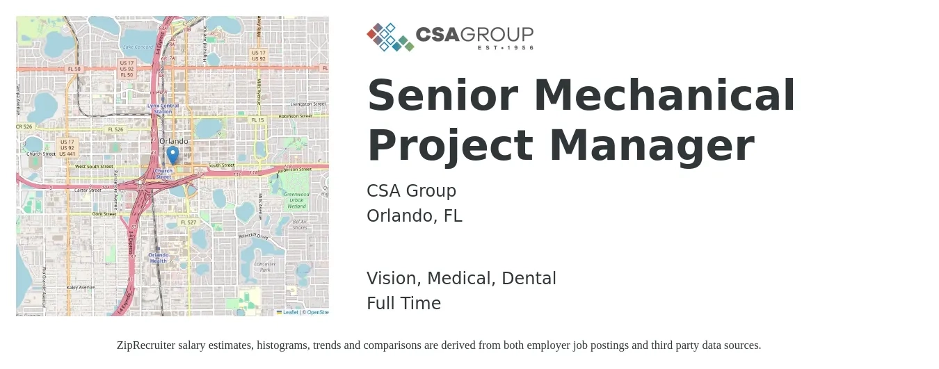 CSA Group job posting for a Senior Mechanical Project Manager in Orlando, FL with a salary of $91,000 to $114,400 Yearly and benefits including pto, retirement, vision, dental, life_insurance, and medical with a map of Orlando location.