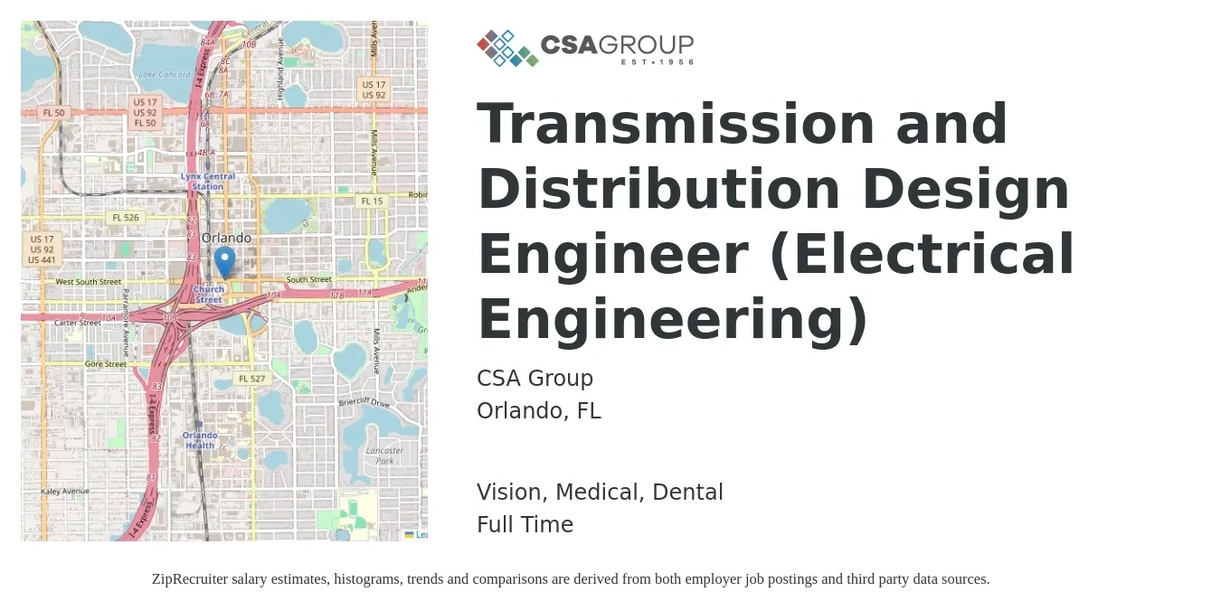 CSA Group job posting for a Transmission and Distribution Design Engineer (Electrical Engineering) in Orlando, FL with a salary of $77,500 to $123,200 Yearly and benefits including vision, dental, life_insurance, medical, pto, and retirement with a map of Orlando location.