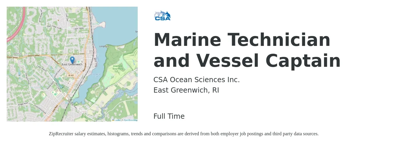 CSA Ocean Sciences Inc. job posting for a Marine Technician and Vessel Captain in East Greenwich, RI with a salary of $16 to $31 Hourly with a map of East Greenwich location.