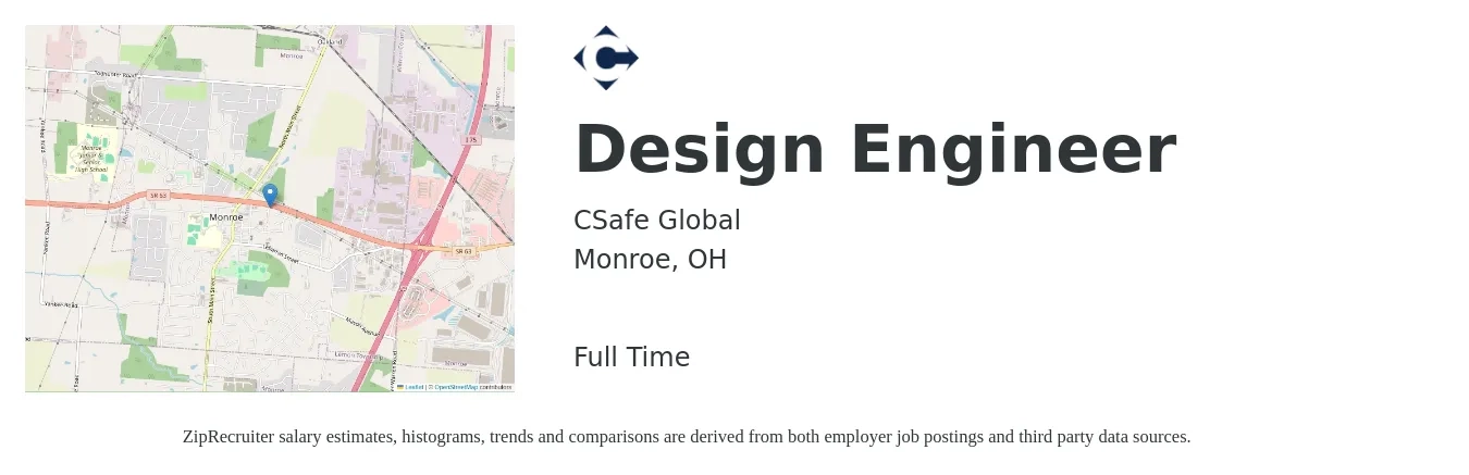 CSafe Global job posting for a Design Engineer in Monroe, OH with a salary of $64,600 to $93,600 Yearly with a map of Monroe location.