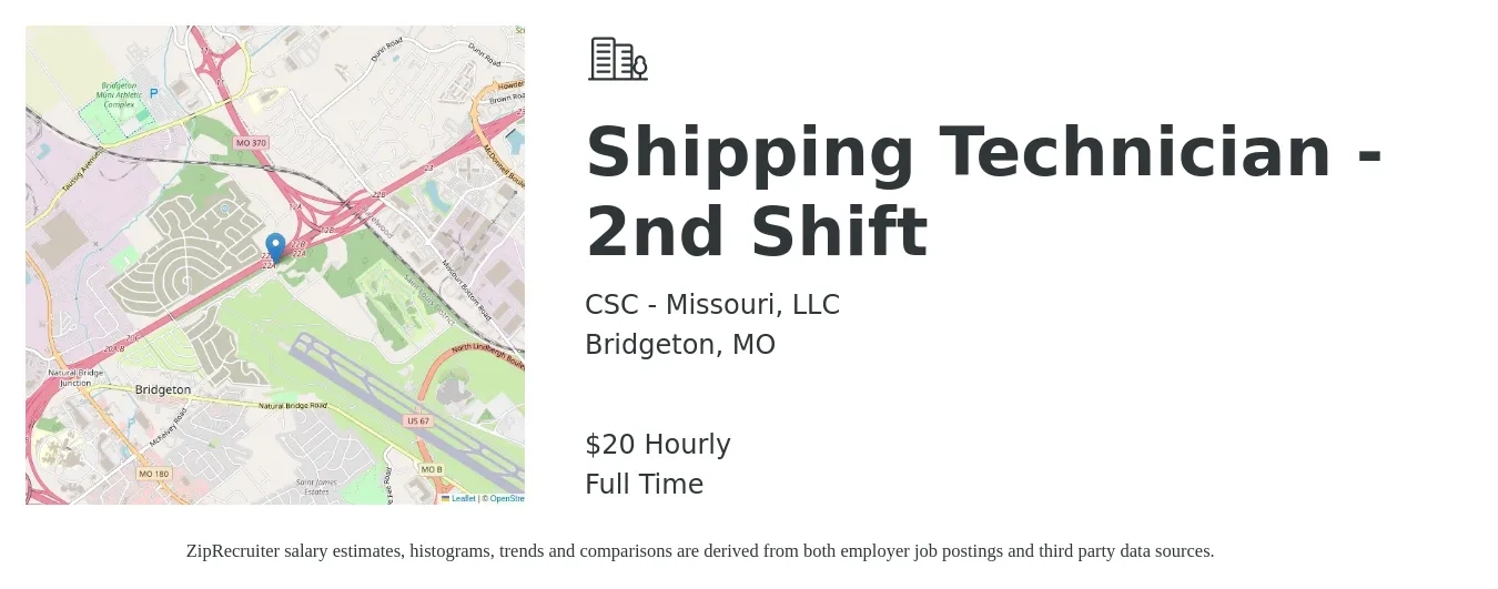 CSC - Missouri, LLC job posting for a Shipping Technician - 2nd Shift in Bridgeton, MO with a salary of $22 Hourly with a map of Bridgeton location.