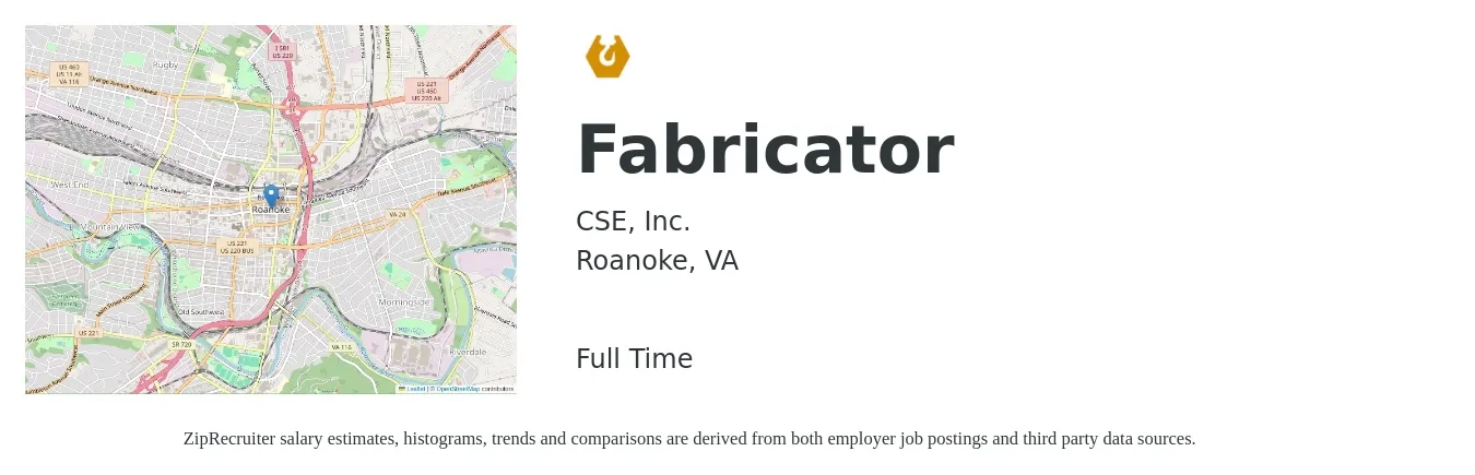 CSE, Inc. job posting for a Fabricator in Roanoke, VA with a salary of $18 to $23 Hourly with a map of Roanoke location.