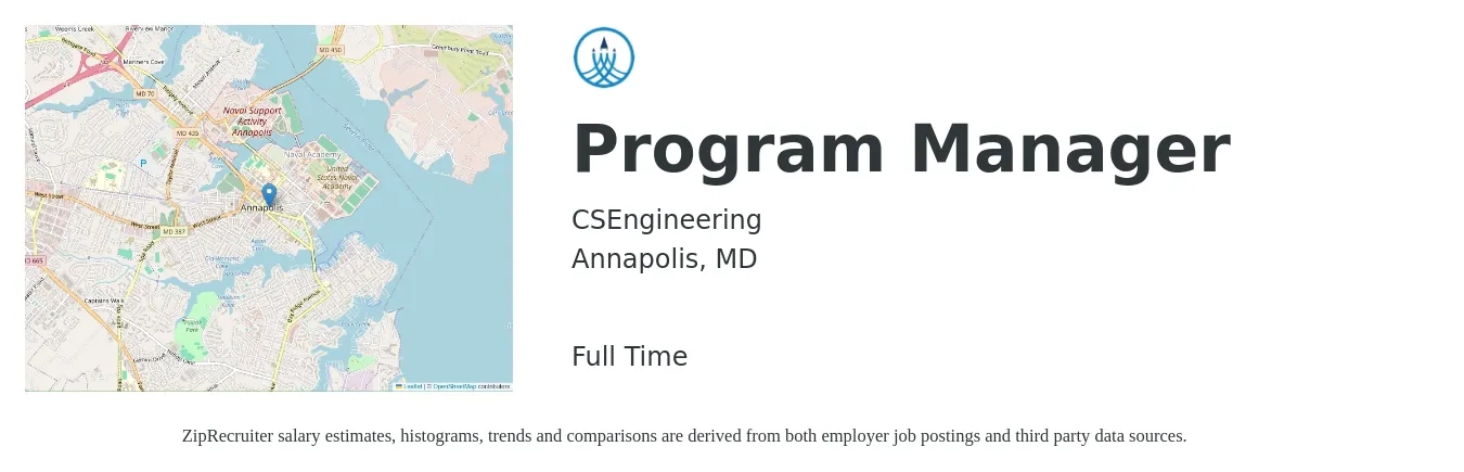 CSEngineering job posting for a Program Manager in Annapolis, MD with a salary of $78,700 to $131,200 Yearly with a map of Annapolis location.