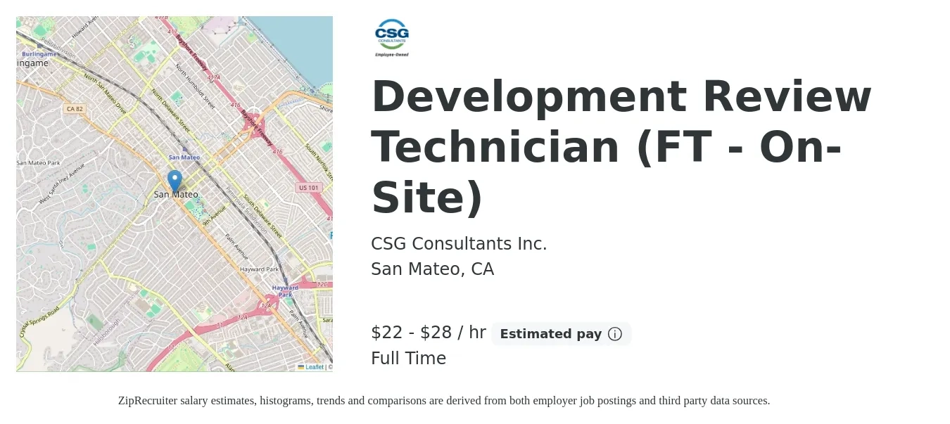 CSG Consultants Inc. job posting for a Development Review Technician (FT - On-Site) in San Mateo, CA with a salary of $23 to $30 Hourly with a map of San Mateo location.