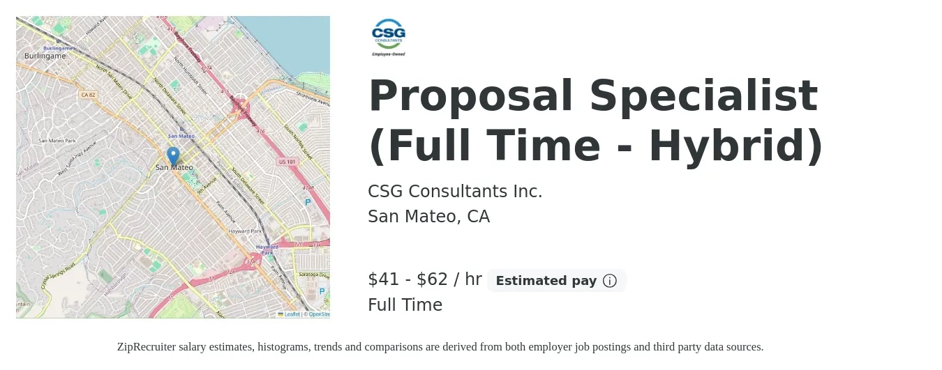 CSG Consultants Inc. job posting for a Proposal Specialist (Full Time - Hybrid) in San Mateo, CA with a salary of $43 to $65 Hourly with a map of San Mateo location.