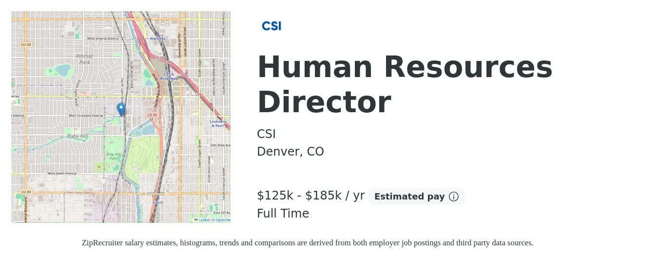 CSI job posting for a Human Resources Director in Denver, CO with a salary of $125,000 to $185,000 Yearly with a map of Denver location.