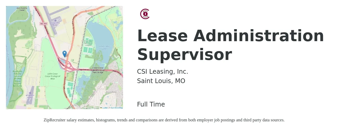 CSI Leasing, Inc. job posting for a Lease Administration Supervisor in Saint Louis, MO with a salary of $61,800 to $95,500 Yearly with a map of Saint Louis location.