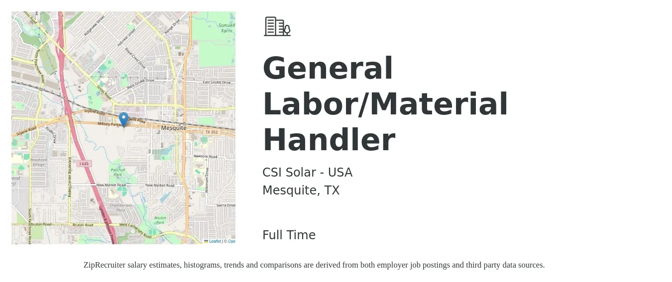 CSI Solar - USA job posting for a General Labor/Material Handler in Mesquite, TX with a salary of $18 to $20 Hourly with a map of Mesquite location.