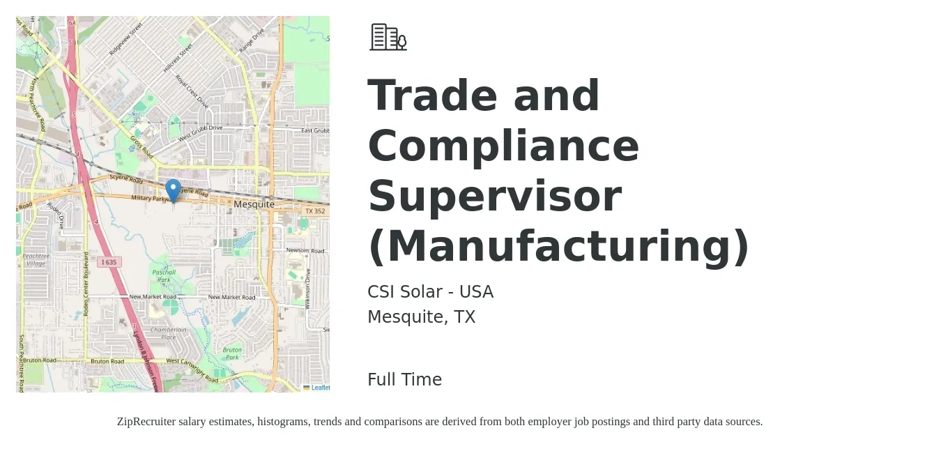 CSI Solar - USA job posting for a Trade and Compliance Supervisor (Manufacturing) in Mesquite, TX with a salary of $72,700 to $109,100 Yearly with a map of Mesquite location.