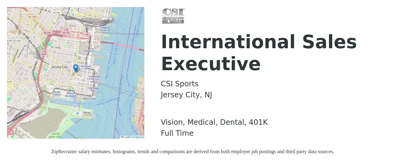 CSI Sports job posting for a International Sales Executive in Jersey City, NJ with a salary of $59,500 to $102,300 Yearly and benefits including 401k, dental, life_insurance, medical, and vision with a map of Jersey City location.
