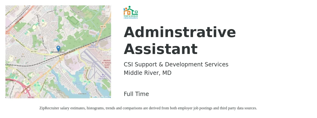 CSI Support & Development Services job posting for a Adminstrative Assistant in Middle River, MD with a salary of $17 to $23 Hourly with a map of Middle River location.