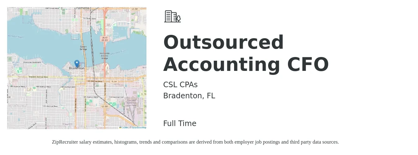 CSL CPAs job posting for a Outsourced Accounting CFO in Bradenton, FL with a salary of $82,000 to $121,500 Yearly with a map of Bradenton location.