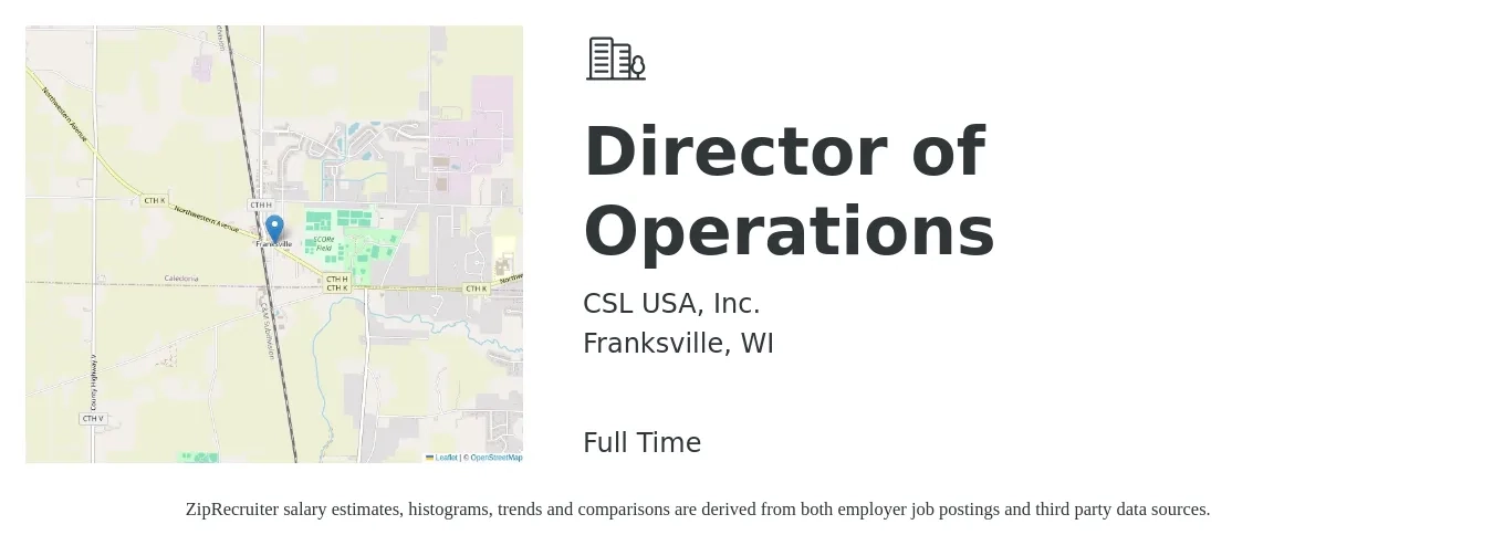CSL USA, Inc. job posting for a Director of Operations in Franksville, WI with a salary of $74,400 to $133,600 Yearly with a map of Franksville location.