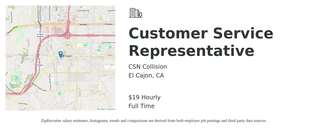 CSN Collision job posting for a Customer Service Representative in El Cajon, CA with a salary of $20 Hourly with a map of El Cajon location.
