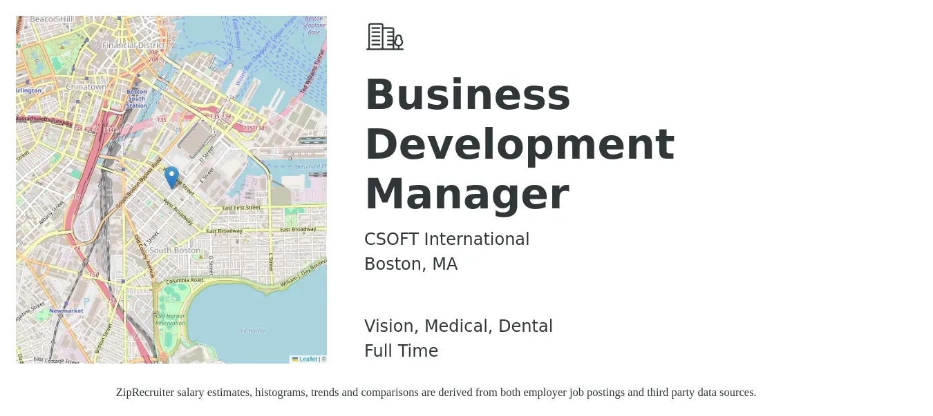 CSOFT International job posting for a Business Development Manager in Boston, MA with a salary of $66,300 to $108,600 Yearly and benefits including dental, medical, and vision with a map of Boston location.