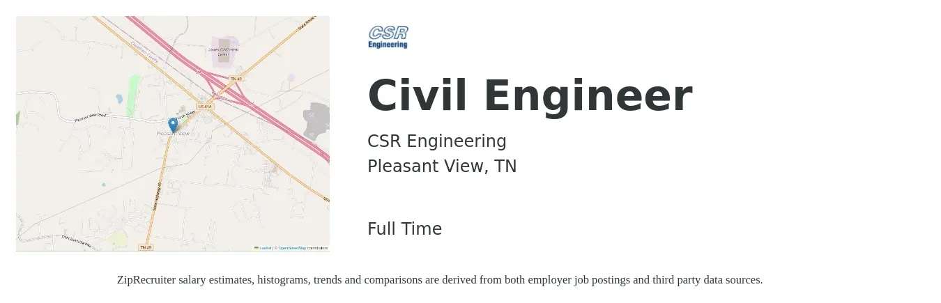 CSR Engineering job posting for a Civil Engineer in Pleasant View, TN with a salary of $64,300 to $93,800 Yearly with a map of Pleasant View location.