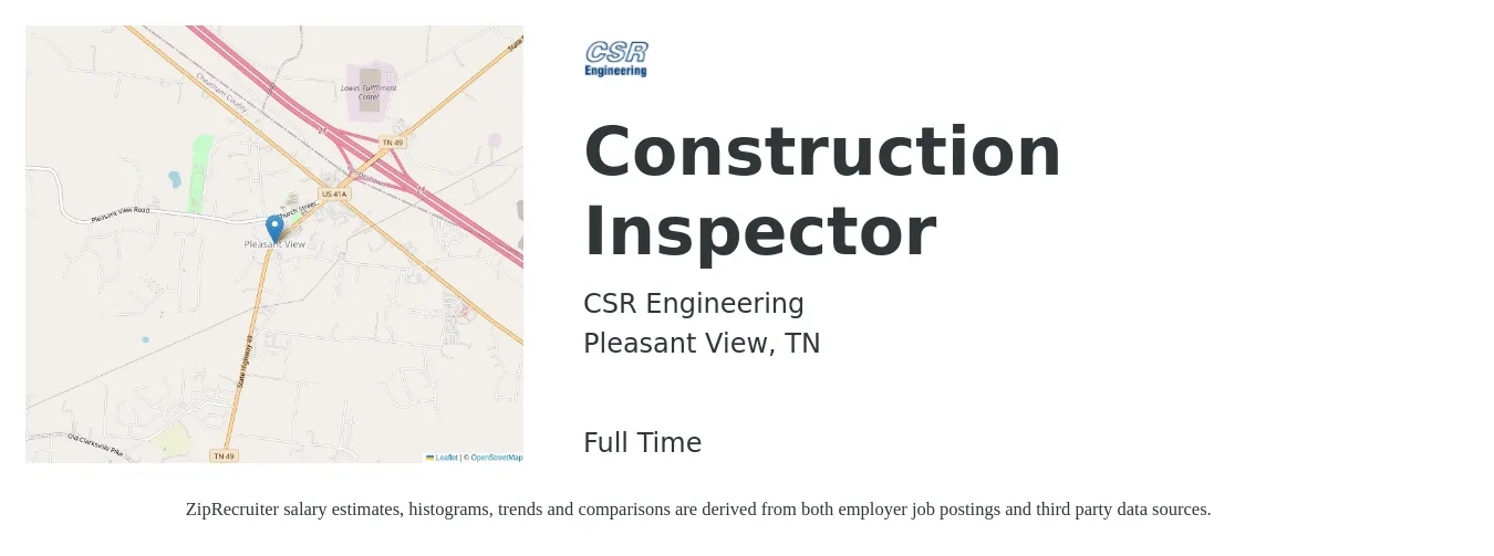 CSR Engineering job posting for a Construction Inspector in Pleasant View, TN with a salary of $47,200 to $74,300 Yearly with a map of Pleasant View location.