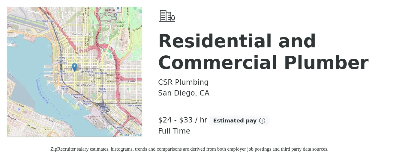 CSR Plumbing job posting for a Residential and Commercial Plumber in San Diego, CA with a salary of $25 to $35 Hourly with a map of San Diego location.