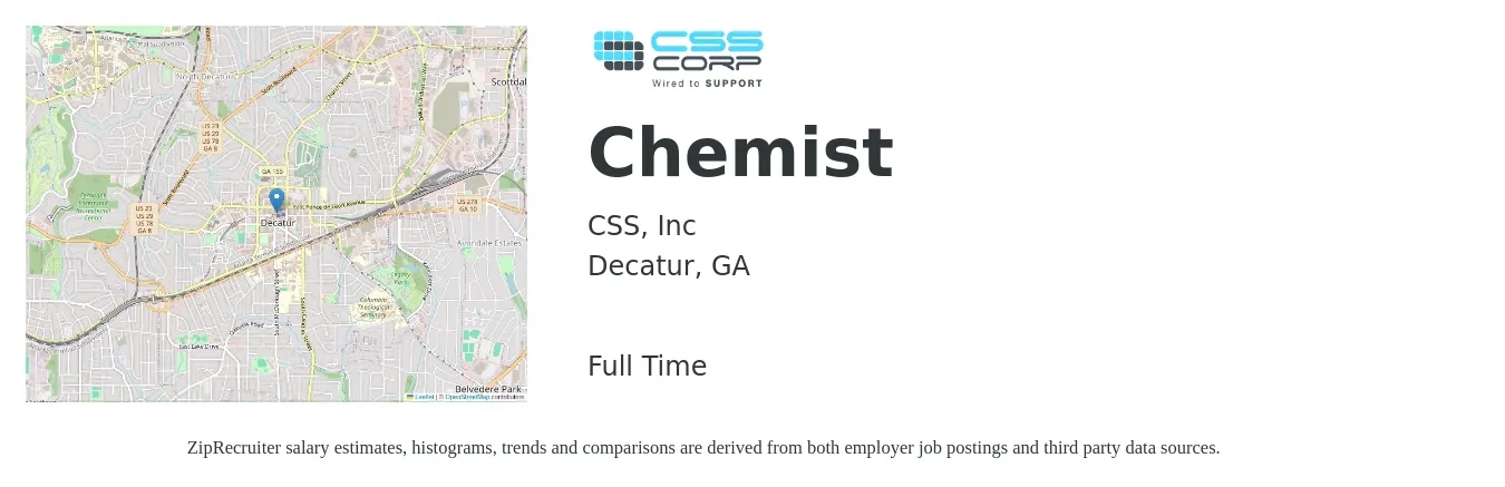 CSS, Inc job posting for a Chemist in Decatur, GA with a salary of $24 to $36 Hourly with a map of Decatur location.