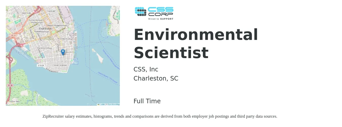 CSS, Inc job posting for a Environmental Scientist in Charleston, SC with a salary of $70,200 to $92,200 Yearly with a map of Charleston location.