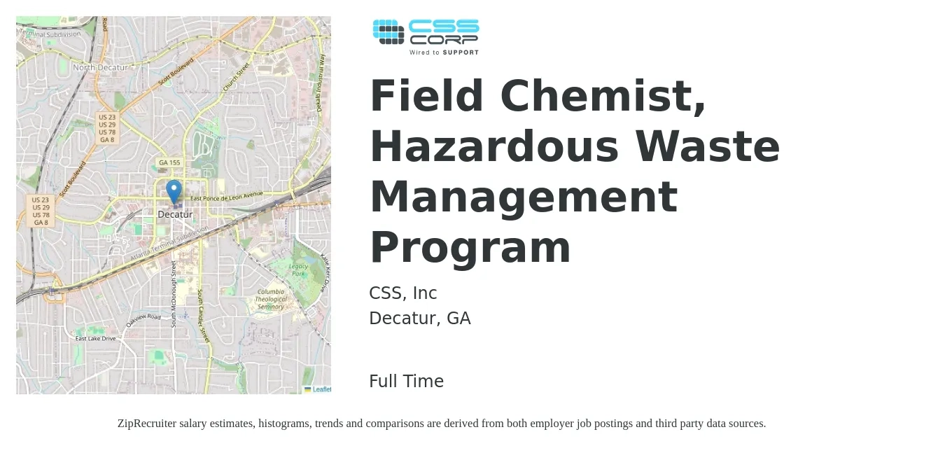 CSS, Inc job posting for a Field Chemist, Hazardous Waste Management Program in Decatur, GA with a salary of $19 to $26 Hourly with a map of Decatur location.