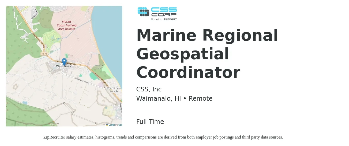 CSS, Inc job posting for a Marine Regional Geospatial Coordinator in Waimanalo, HI with a salary of $49,900 to $79,400 Yearly with a map of Waimanalo location.