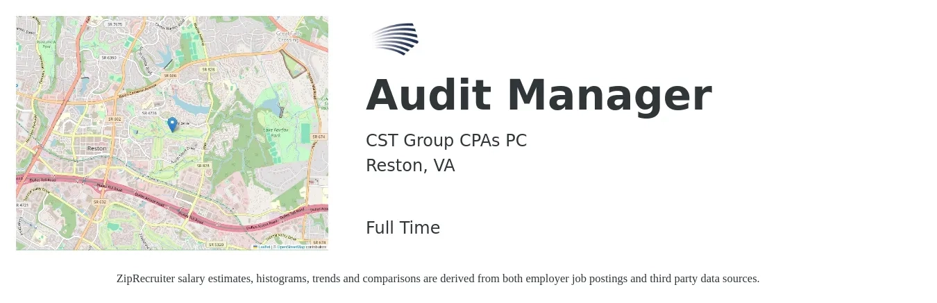 CST Group CPAs PC job posting for a Audit Manager in Reston, VA with a salary of $109,900 to $144,300 Yearly with a map of Reston location.