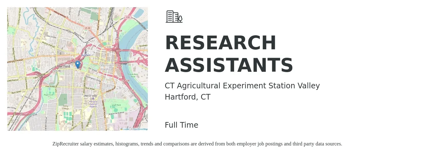 CT Agricultural Experiment Station Valley job posting for a Research Assistants in Hartford, CT with a salary of $20 to $27 Hourly with a map of Hartford location.