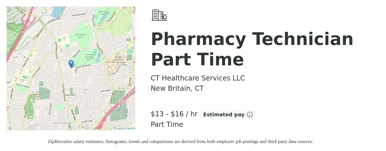 CT Healthcare Services LLC job posting for a Pharmacy Technician Part Time in New Britain, CT with a salary of $14 to $17 Hourly with a map of New Britain location.