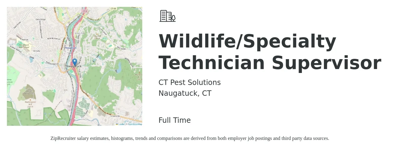CT Pest Solutions job posting for a Wildlife/Specialty Technician Supervisor in Naugatuck, CT with a salary of $60,000 to $70,000 Yearly with a map of Naugatuck location.