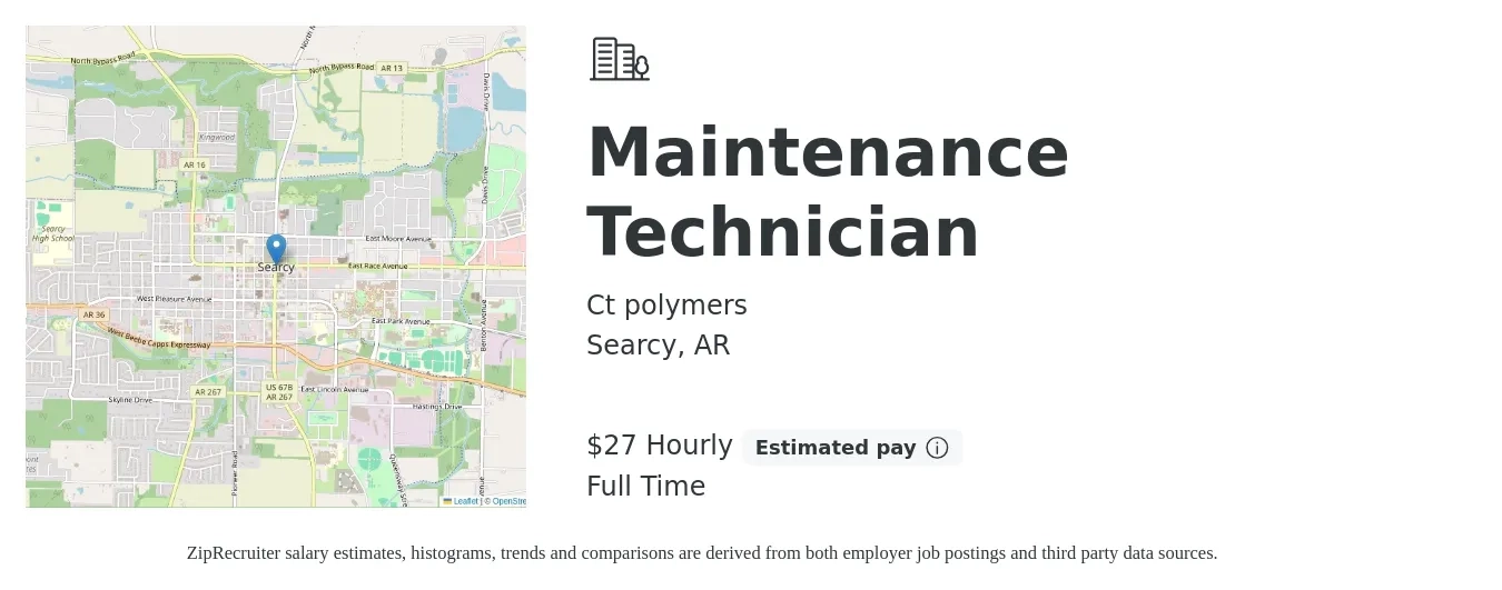 Ct polymers job posting for a Maintenance Technician in Searcy, AR with a salary of $29 Hourly with a map of Searcy location.
