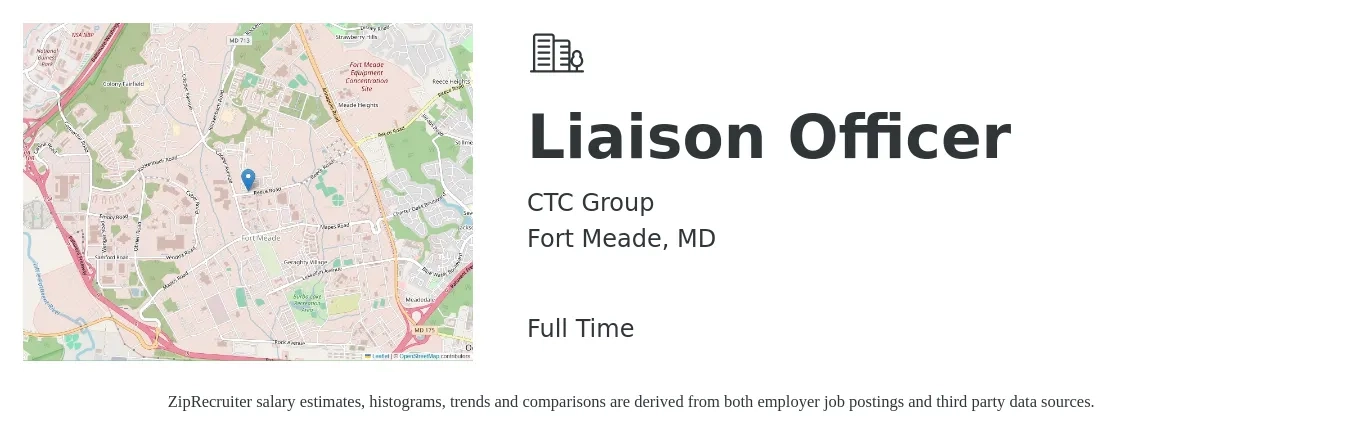 CTC Group job posting for a Liaison Officer in Fort Meade, MD with a salary of $61,300 to $111,400 Yearly with a map of Fort Meade location.
