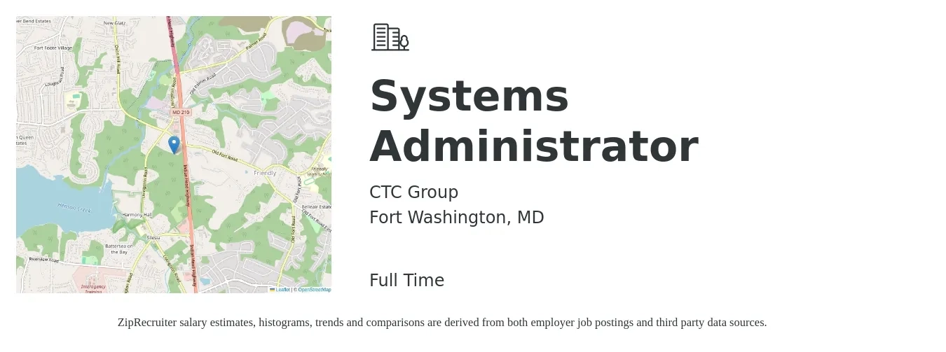CTC Group job posting for a Systems Administrator in Fort Washington, MD with a salary of $69,800 to $103,700 Yearly with a map of Fort Washington location.
