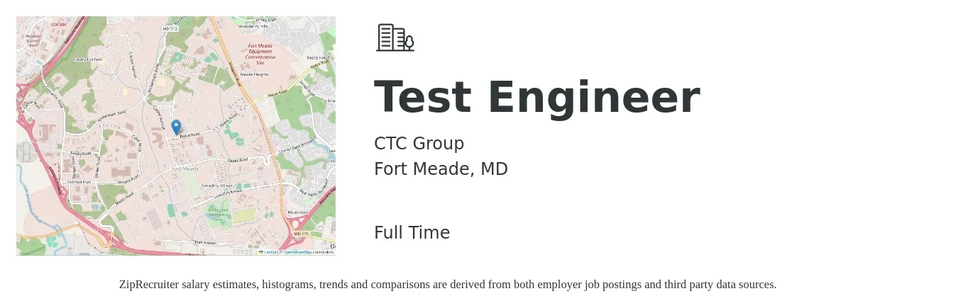 CTC Group job posting for a Test Engineer in Fort Meade, MD with a salary of $39 to $61 Hourly with a map of Fort Meade location.