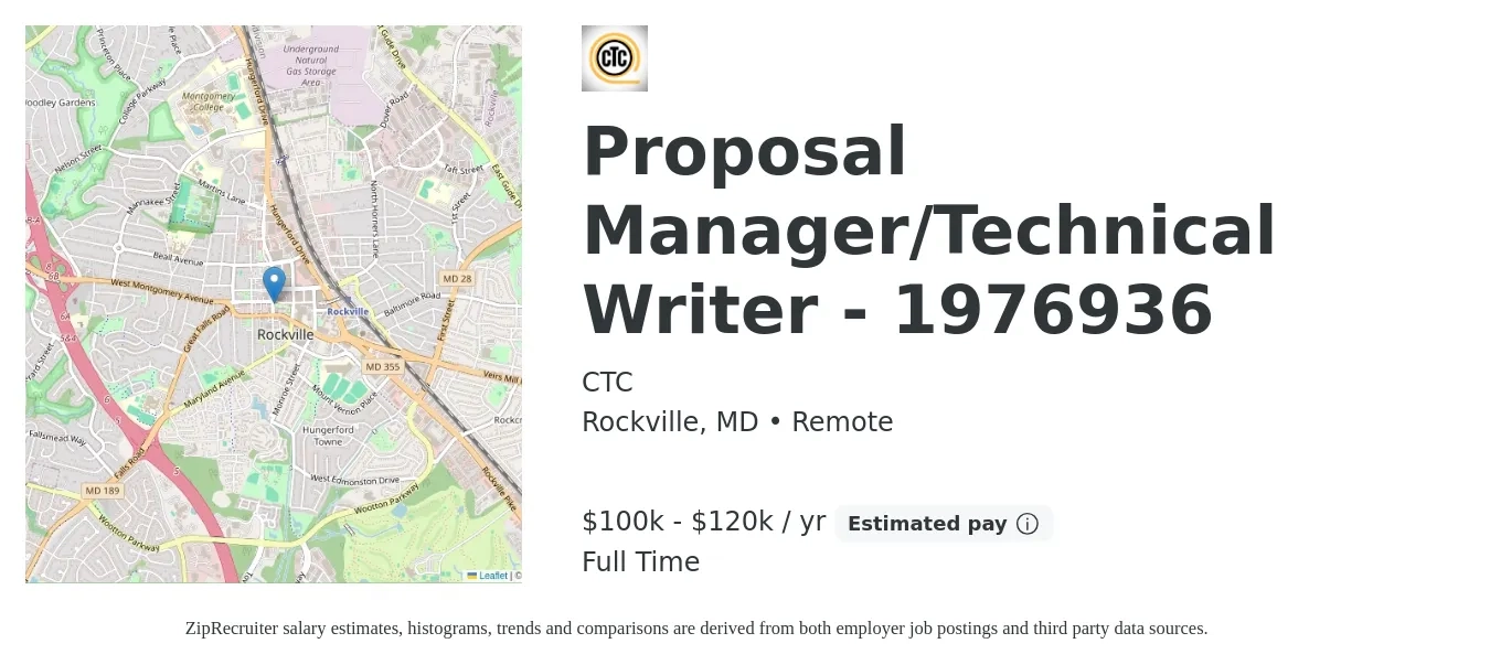 CTC job posting for a Proposal Manager/Technical Writer - 1976936 in Rockville, MD with a salary of $100,000 to $120,000 Yearly with a map of Rockville location.