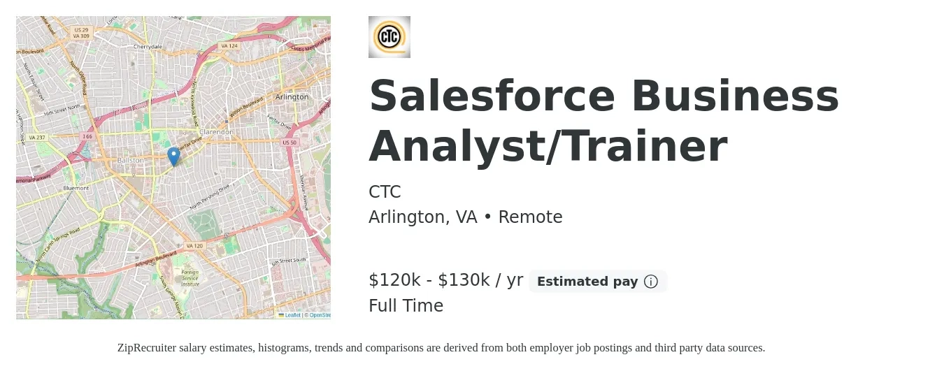 CTC job posting for a Salesforce Business Analyst/Trainer in Arlington, VA with a salary of $120,000 to $130,000 Yearly with a map of Arlington location.