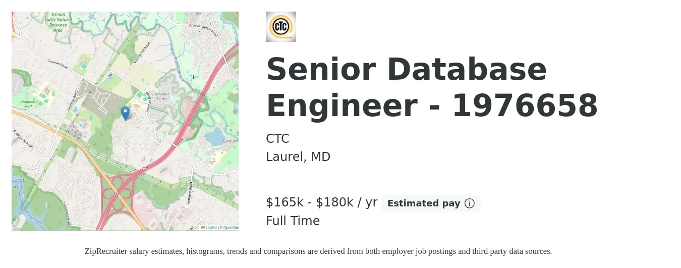 CTC job posting for a Senior Database Engineer - 1976658 in Laurel, MD with a salary of $165,000 to $180,000 Yearly with a map of Laurel location.