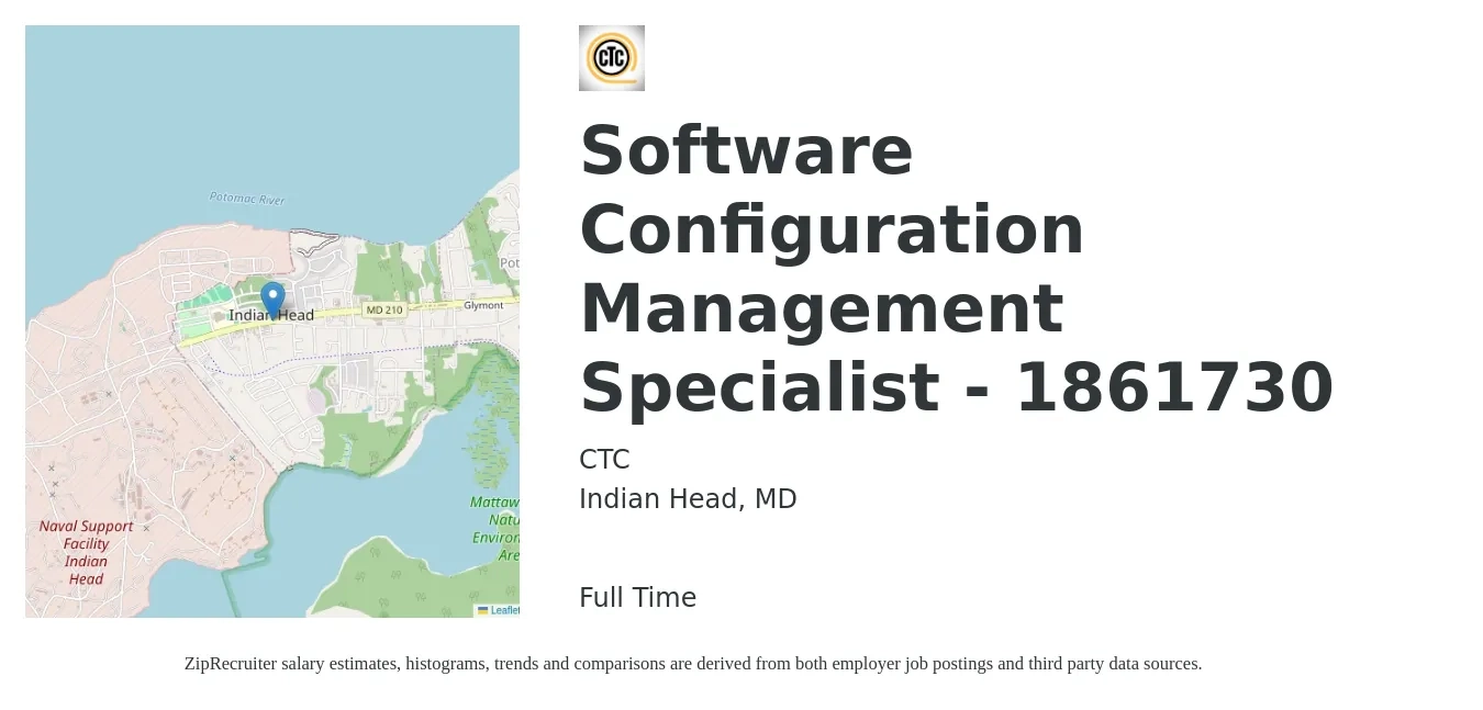 CTC job posting for a Software Configuration Management Specialist - 1861730 in Indian Head, MD with a salary of $24 to $27 Hourly with a map of Indian Head location.