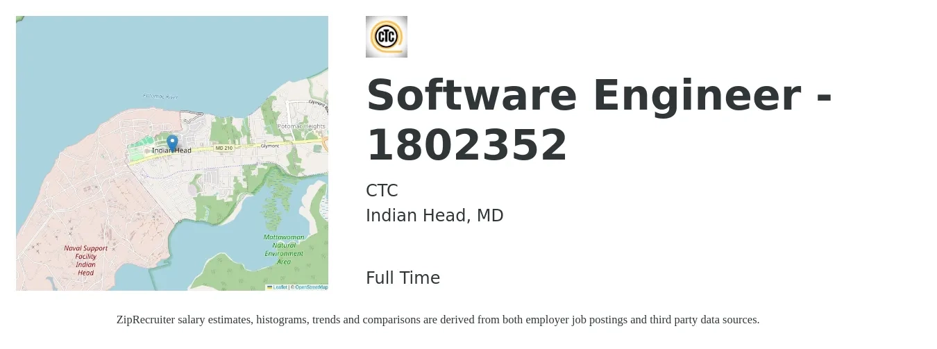 CTC job posting for a Software Engineer - 1802352 in Indian Head, MD with a salary of $128,600 to $185,400 Yearly with a map of Indian Head location.